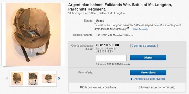 Un inglés subasta en internet el casco de un soldado argentino