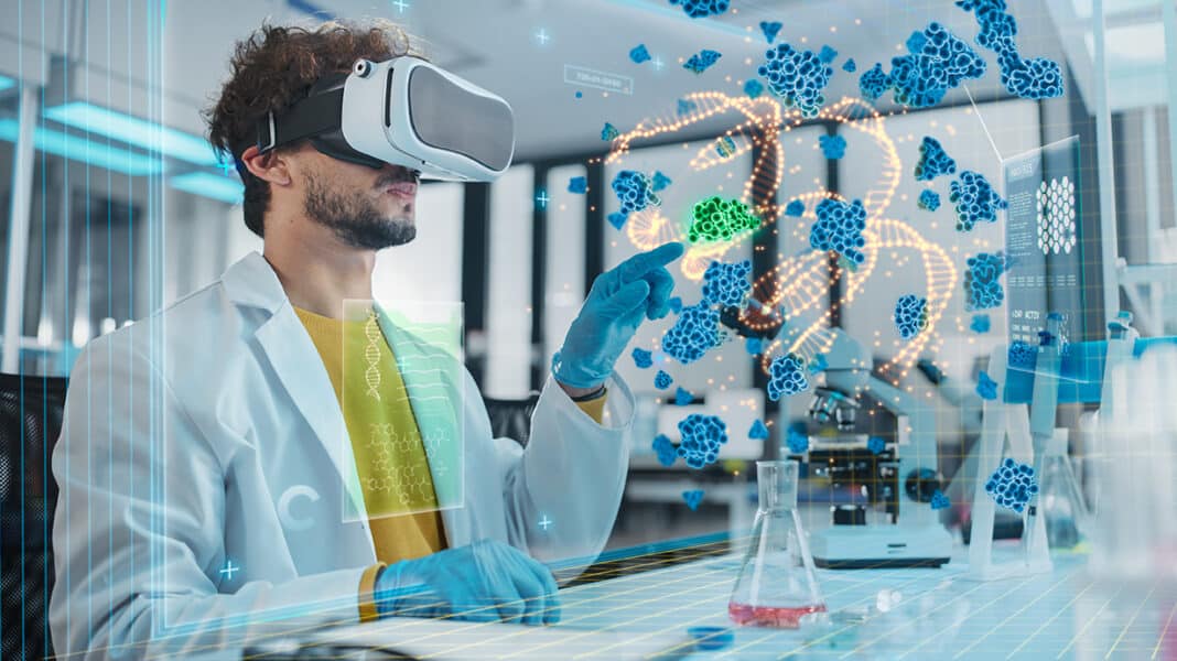 Futuristic Medical Research Laboratory: Research Scientist Wearing Virtual Reality Headset, Does Augmented Reality Research of Bacteria Genome, Using Gestures. AI Biotechnology Research in Progress