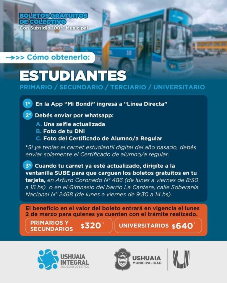 Ushuaia habilita desde marzo el boleto estudiantil gratuito